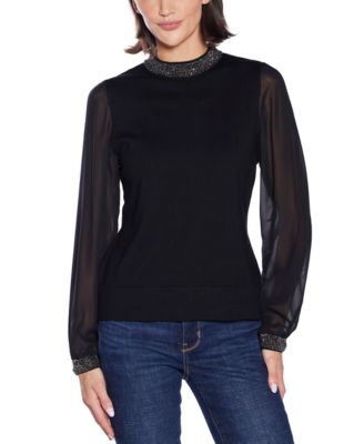 Black Label Women’s Rhinestone-Neckline Chiffon-Sleeve Sweater