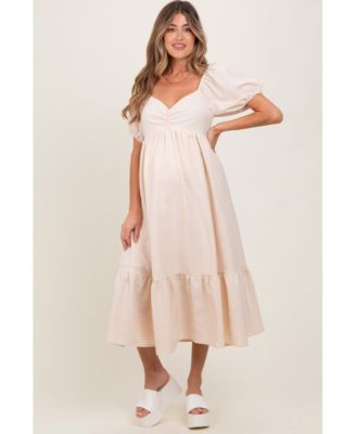 Maternity Lavender Sweetheart Stripe Smocked Back Midi Dress