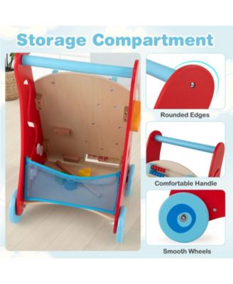 Wooden Baby Walker Baby Push Walker w/ Handle Storage & Wheels Walker Toy
