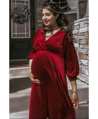 Maternity Green Velvet Wrap Front Babydoll Dress