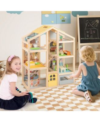 Wooden Dollhouse for Kids Modern Family Pretend Playhouse with Furniture Pieces and Figures
