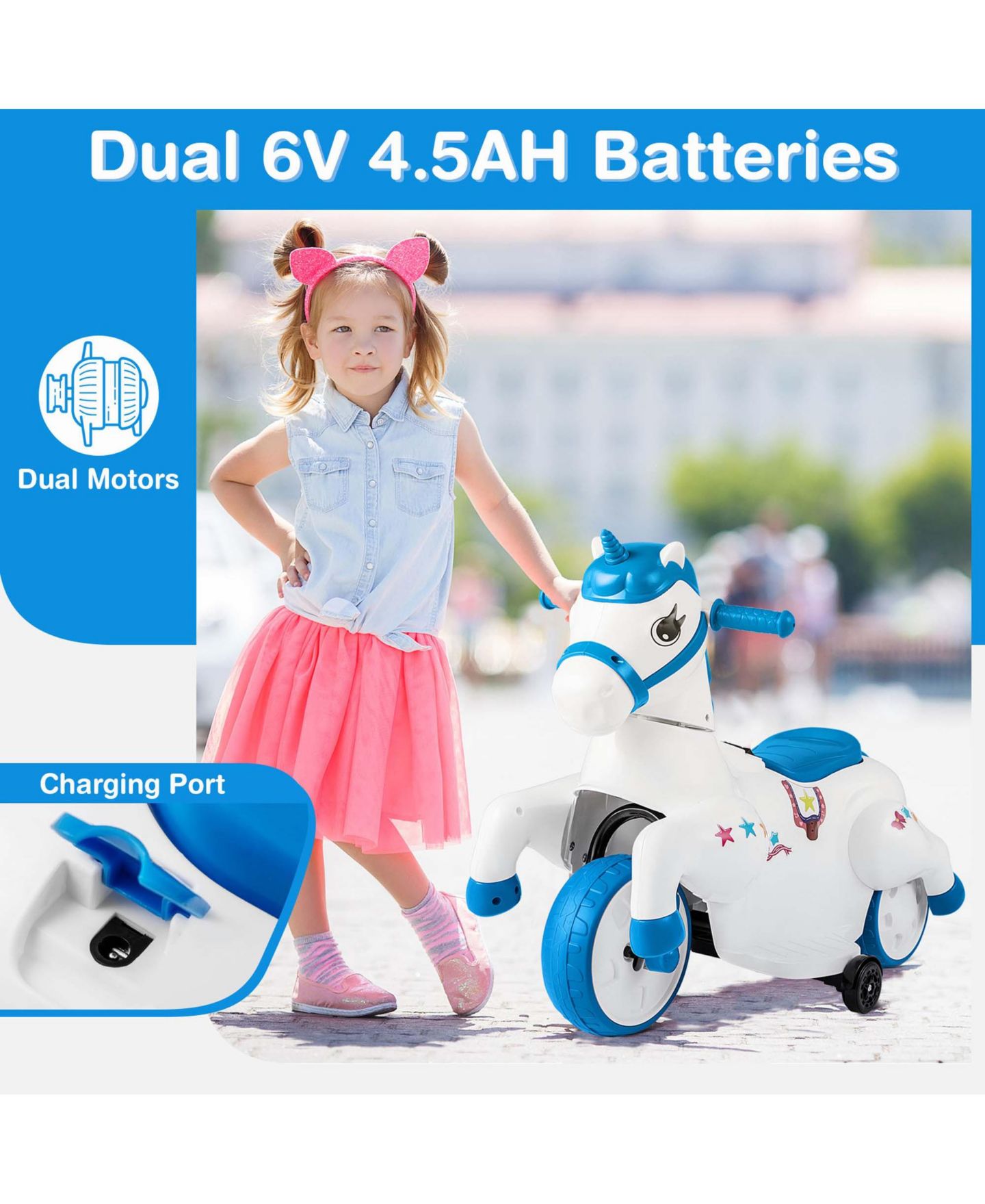 Детская игрушка Costway 12V Kids Ride on Unicorn Toy with Training Wheels Music One-button, цвет: Синий — фото 9