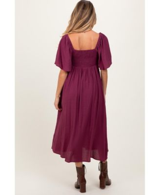 Maternity Plum Front Tie Ruffle Sleeve Maternity Midi Dress