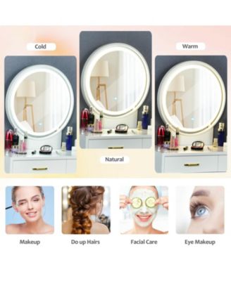 Small Vanity Desk with Mirror and Lights, Makeup Table with 4 Drawers, Vanity Stool, Round Lighted Mirror, 3 Color Modes, Dressing Table Set