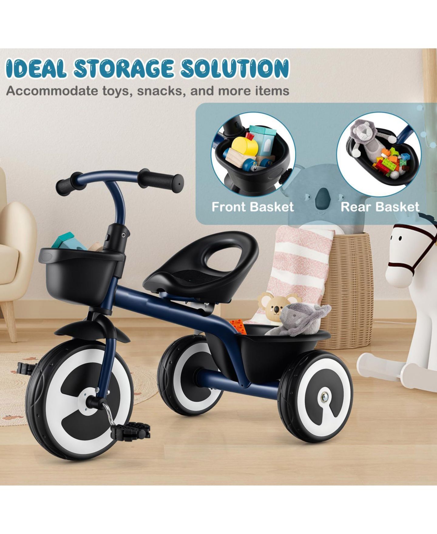 Детская игрушка Mecale Toddler Tricycle with Adjustable Seat and Storage Baskets, Ages 1.5–5, цвет: Тёмно-синий — фото 9