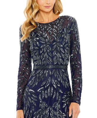 Women's Long Sleeve Illusion Neckline Embellished Gown