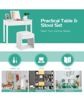 2-Pc. Wood Flip-Top Mirror Vanity Dressing Table Set with Cushioned Stool