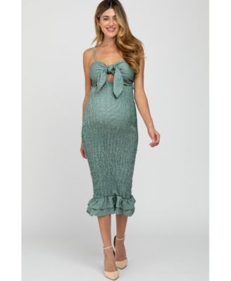 Women's Green Gingham Print Smocked Fitted Self-Tie Maternity Midi Dress
