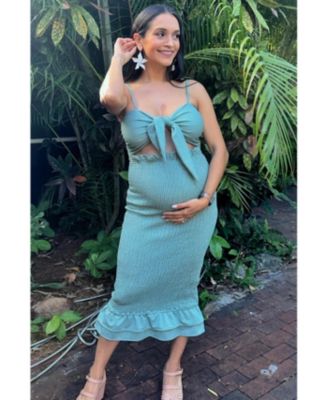 Women's Green Gingham Print Smocked Fitted Self-Tie Maternity Midi Dress