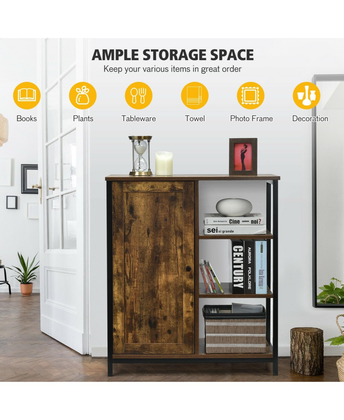 Volenca Multipurpose Freestanding Storage Cabinet with 3 Open Shelves and Doors