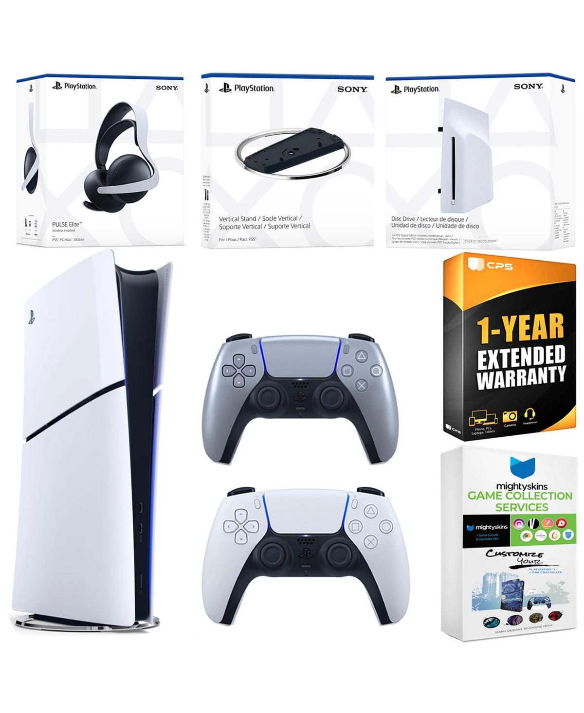 Sony PlayStation 5 Slim Digital Bundle with Disc Drive, Extra Controller, Pulse Elite Headset, Vertical Stand, MightySkins Game Collection Services an