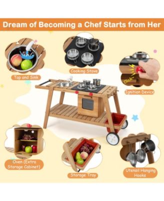 Kid's Play Trolley Outdoor Wooden Kids Play Cart with Sun Umbrella for Toddlers 3+