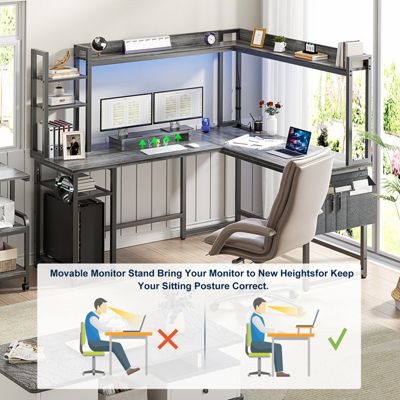 L-Shaped Desk with Hutch & Power Outlet, Corner Computer Desk with Led Lights
