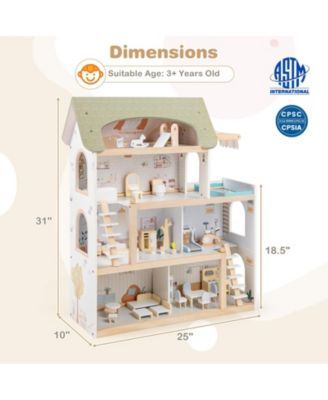 Wooden Dollhouse Kids DIY Pretend Playhouse with 33 PCS Furniture Accessories