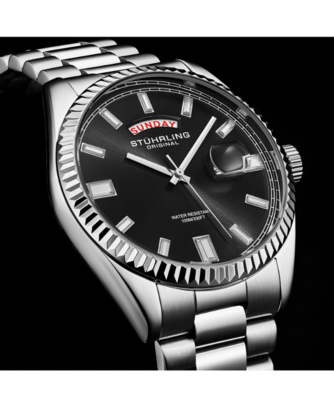 Мужские часы Stuhrling Statesman 4070 сталь, чёрный циферблат, 42мм