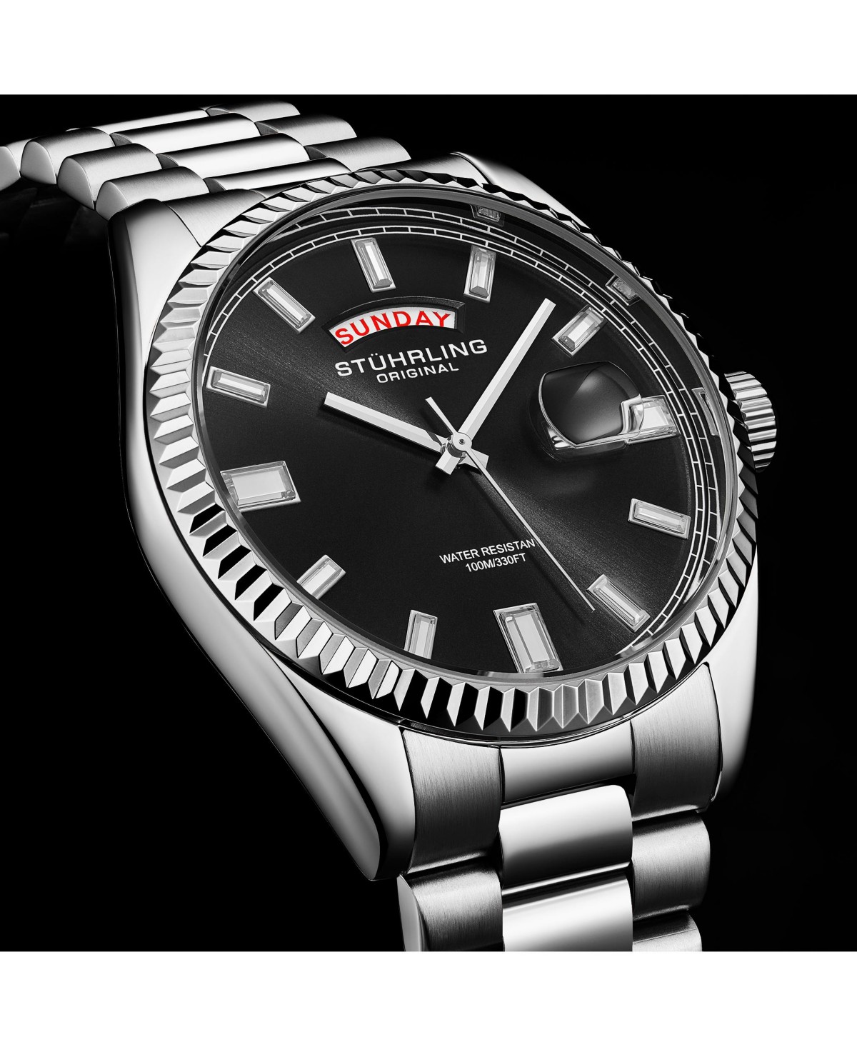 Мужские часы Stuhrling Statesman 4070 сталь, чёрный циферблат, 42мм — фото 1