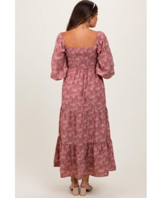 Mauve Floral Smocked Square Neck Maternity Maxi Dress