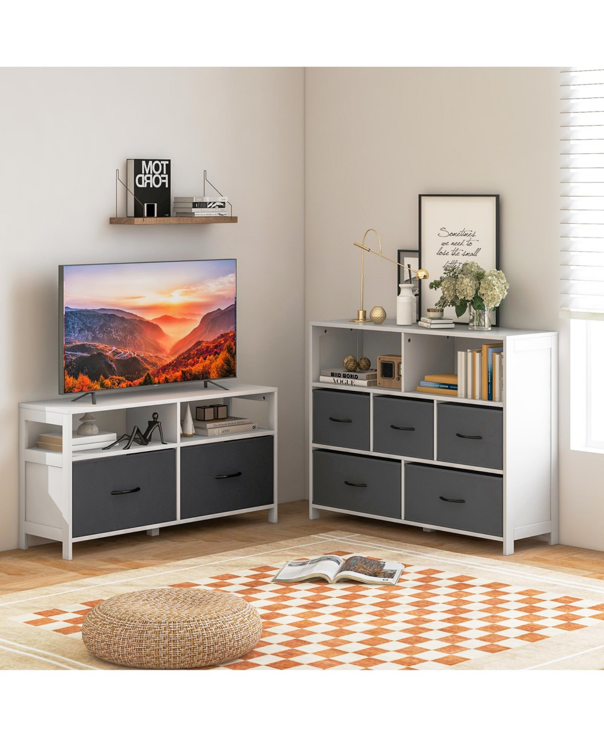 Volenca Fabric Chest of Drawers with 2 Drawers and 2 Open Shelves