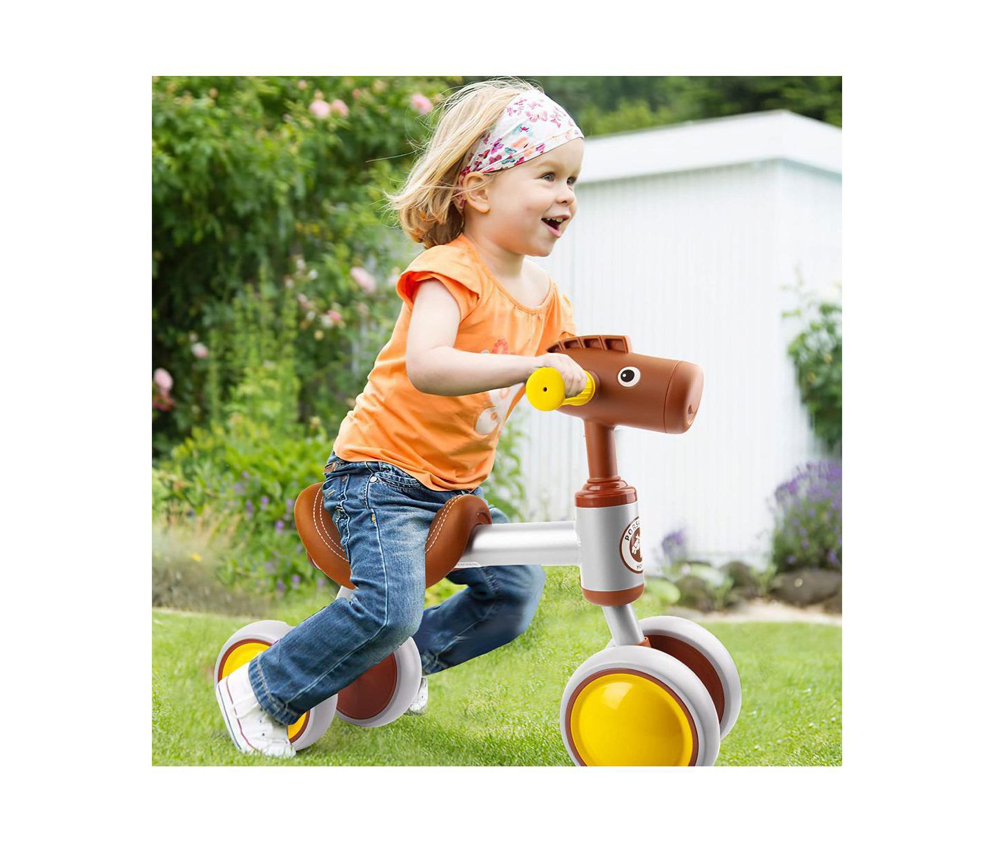 Детская игрушка Mecale Baby Balance Bike No Pedal 4-Wheel Bicycle, цвет: Коричневый — фото 2