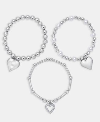 3-Pc. Set Pav&eacute; Heart Imitation Pearl Beaded Stretch Bracelets