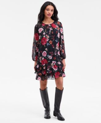 Robbie Bee - Petite Floral Long-Sleeve Tiered-Hem Dress