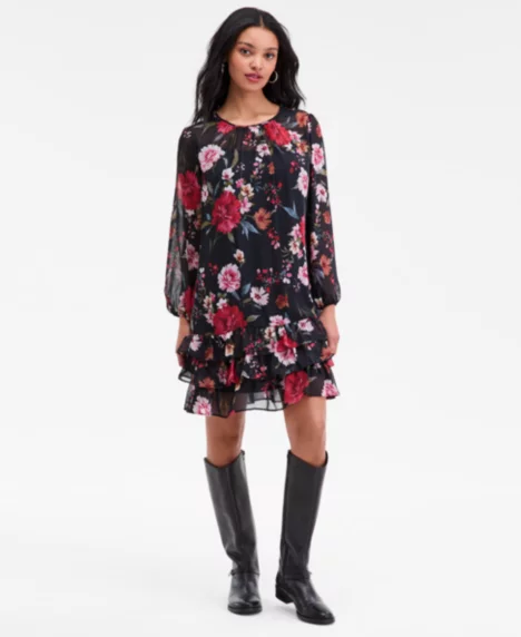 Petite Floral Long-Sleeve Tiered-Hem Dress - Black Multi