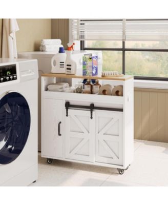 Toilet Paper Cabinet with Rolling Wheels, Paper Holes, White/Natural