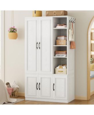 Wooden Wardrobe with 4 Storage Shelves and Hanging Rod