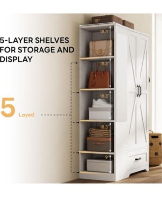 Wooden Wardrobe with Mirror, 2 Doors, Drawer, and Shelves, White