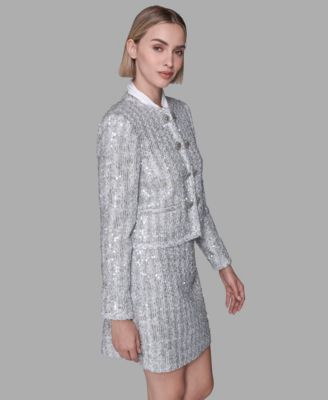 Women's Novelty Button-Front Tweed Sequined Jacket