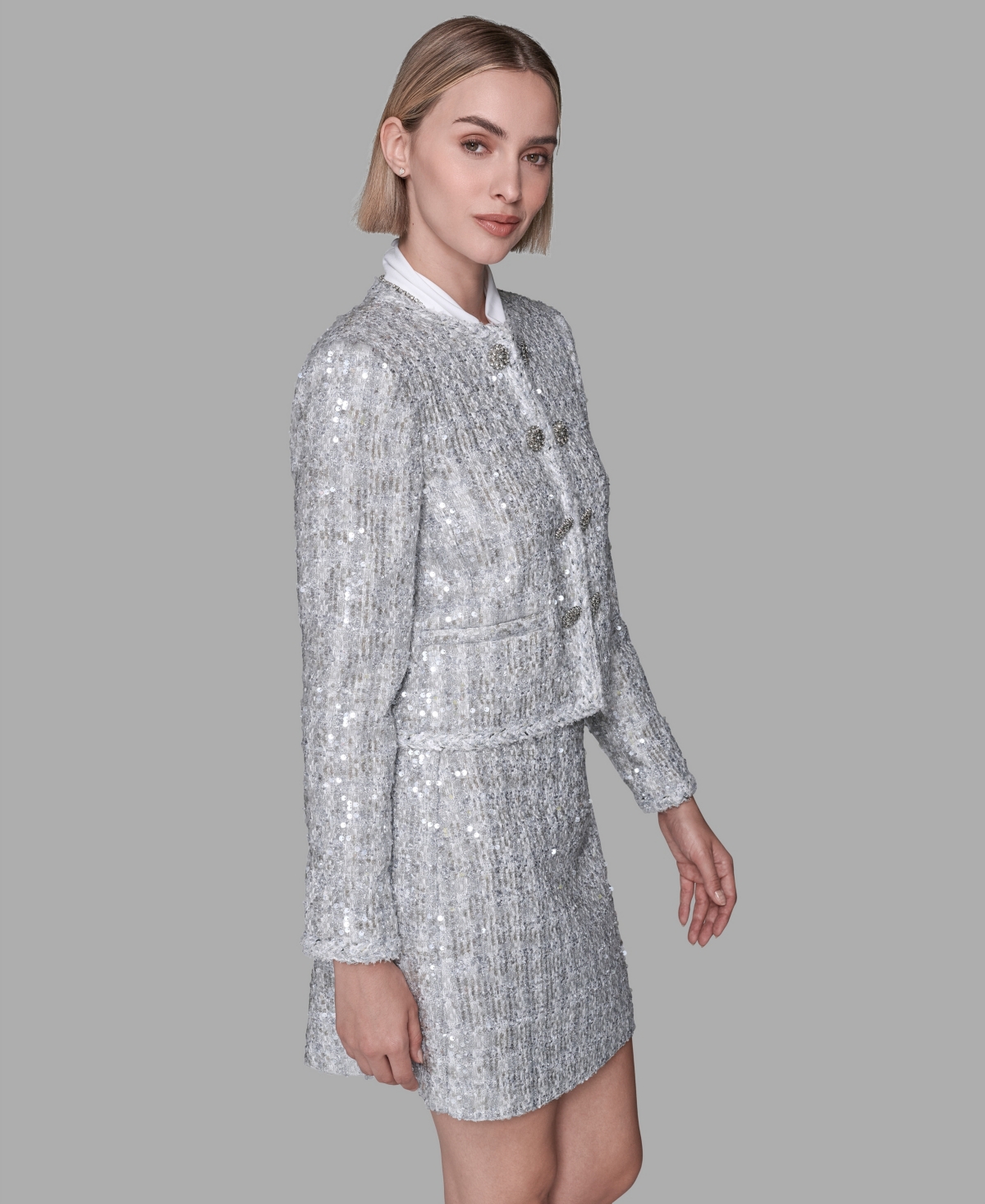 Karl Lagerfeld Women's Novelty Button Front Jacket In Silver