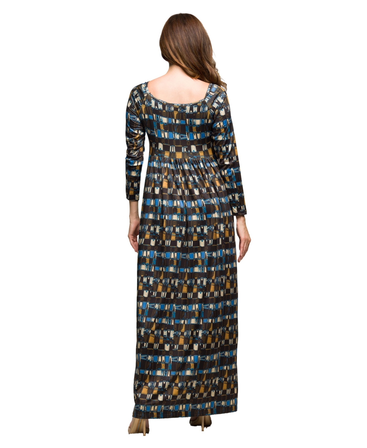 24seven Comfort Apparel Geometric Print Long Sleeve Empire Waist Maxi Dress In Multi