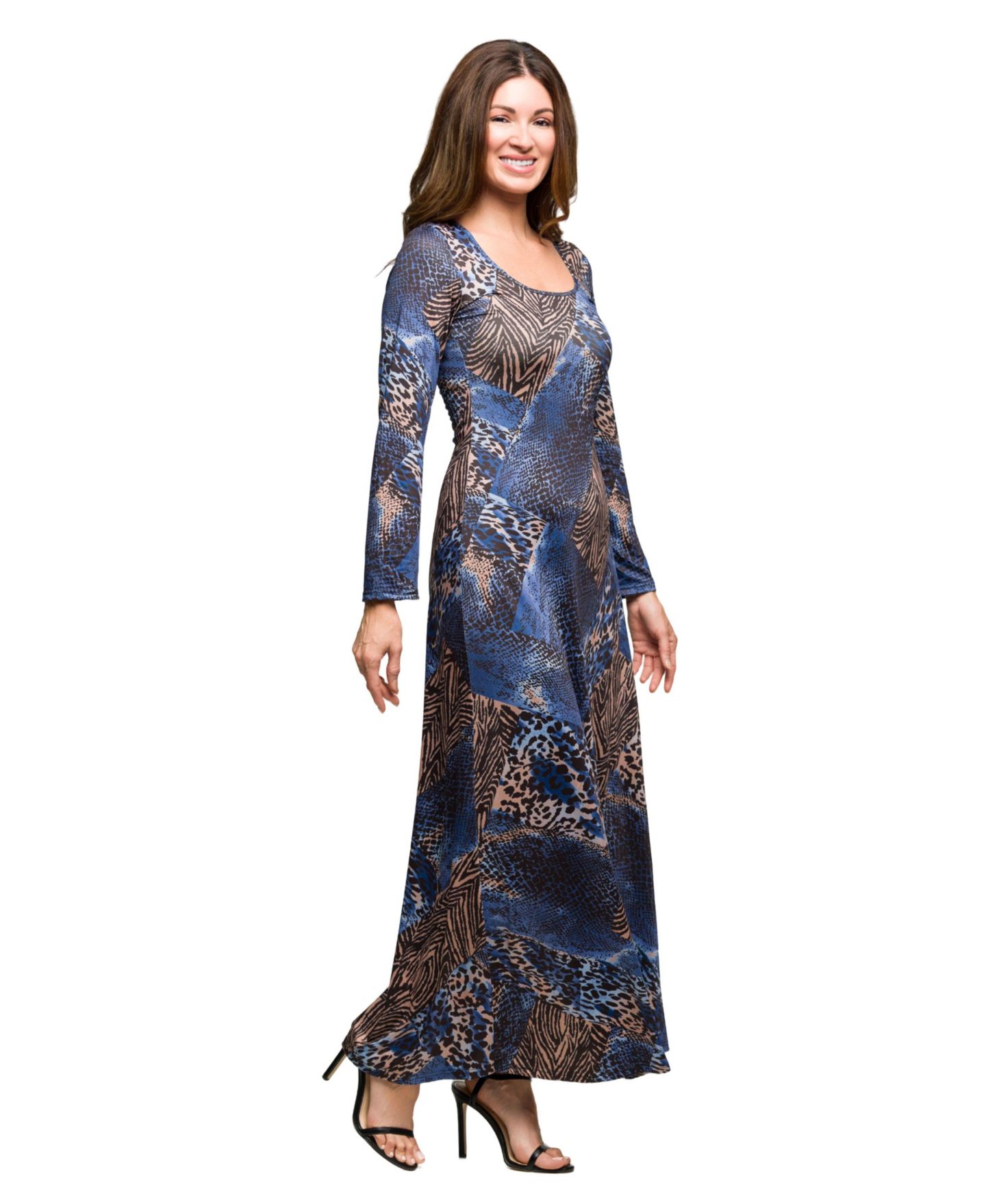 Женское платье 24seven Comfort Apparel Blue Animal Print Long Sleeve Scoop Neck Maxi, цвет: Синий разноцветный — фото 2