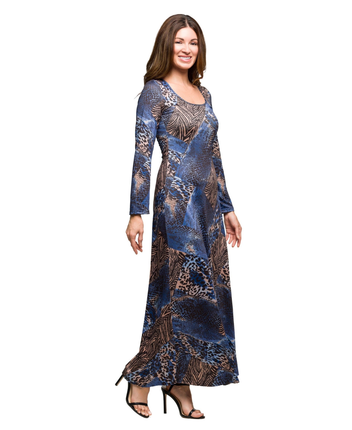 24seven Comfort Apparel Women's Blue Animal Print Long Sleeve Scoop Neck Maxi Dress In Blue