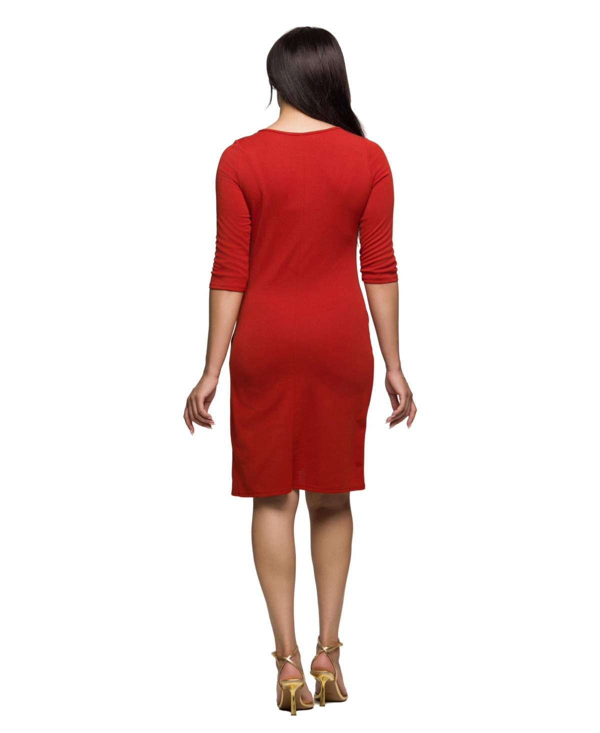 24seven Comfort Apparel Plus Size Three Quarter Sleeve Ruched Tulip Hem Mini Dress In Red