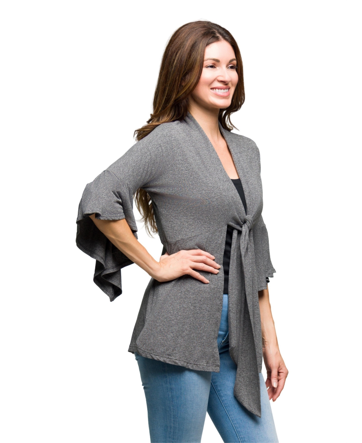 24seven Comfort Apparel Tie Front Bell Sleeve Cardigan In Gray