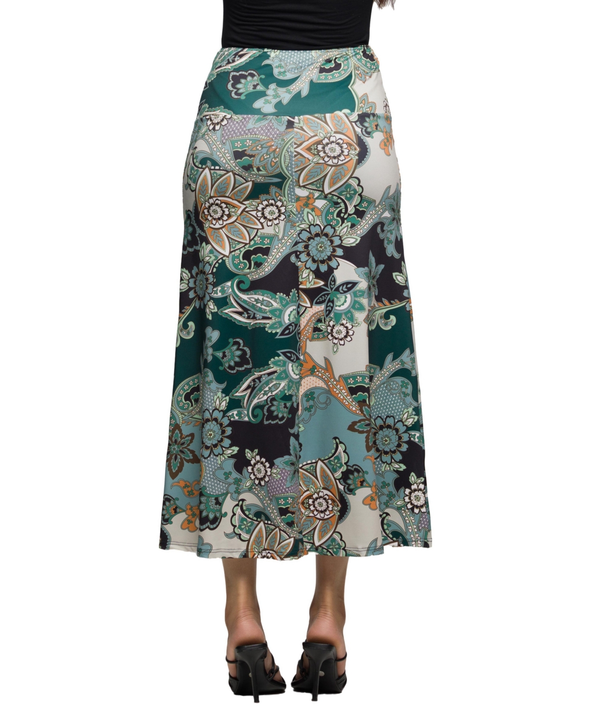24seven Comfort Apparel Plus Size Green Paisley Print Midi Skirts In Multi