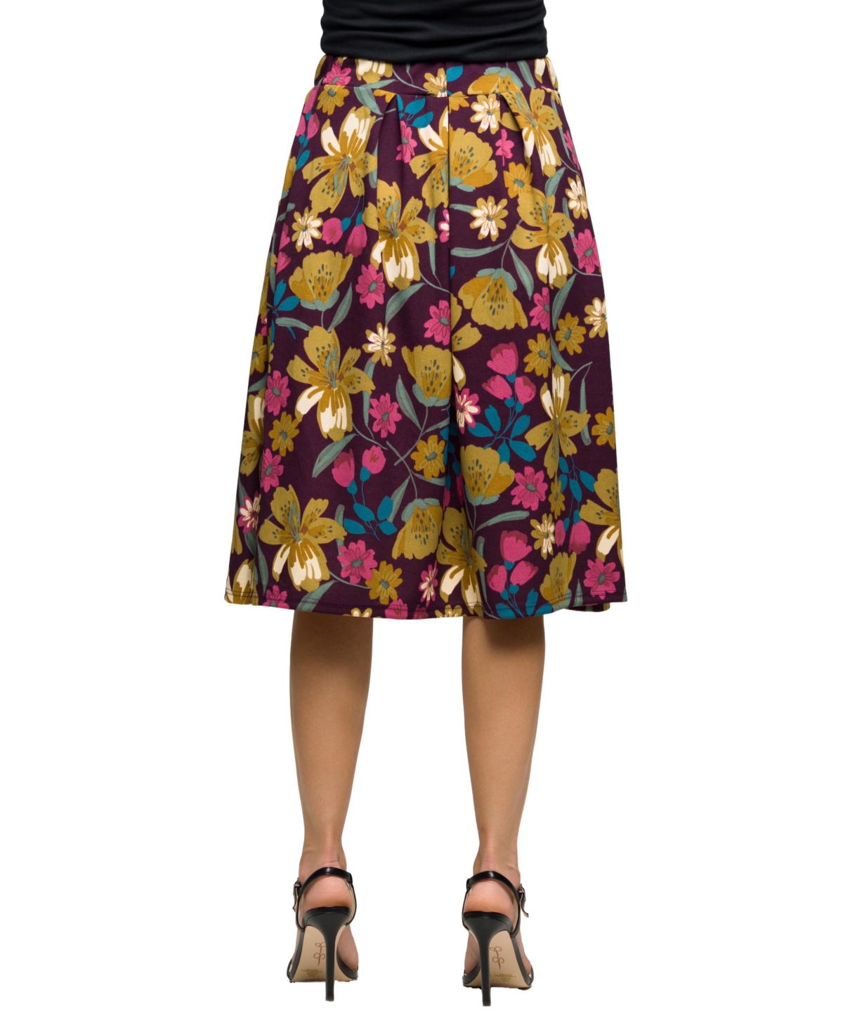 24seven Comfort Apparel Plus Size Purple Floral Elastic Waist Pocket Midi Skirt In Purple