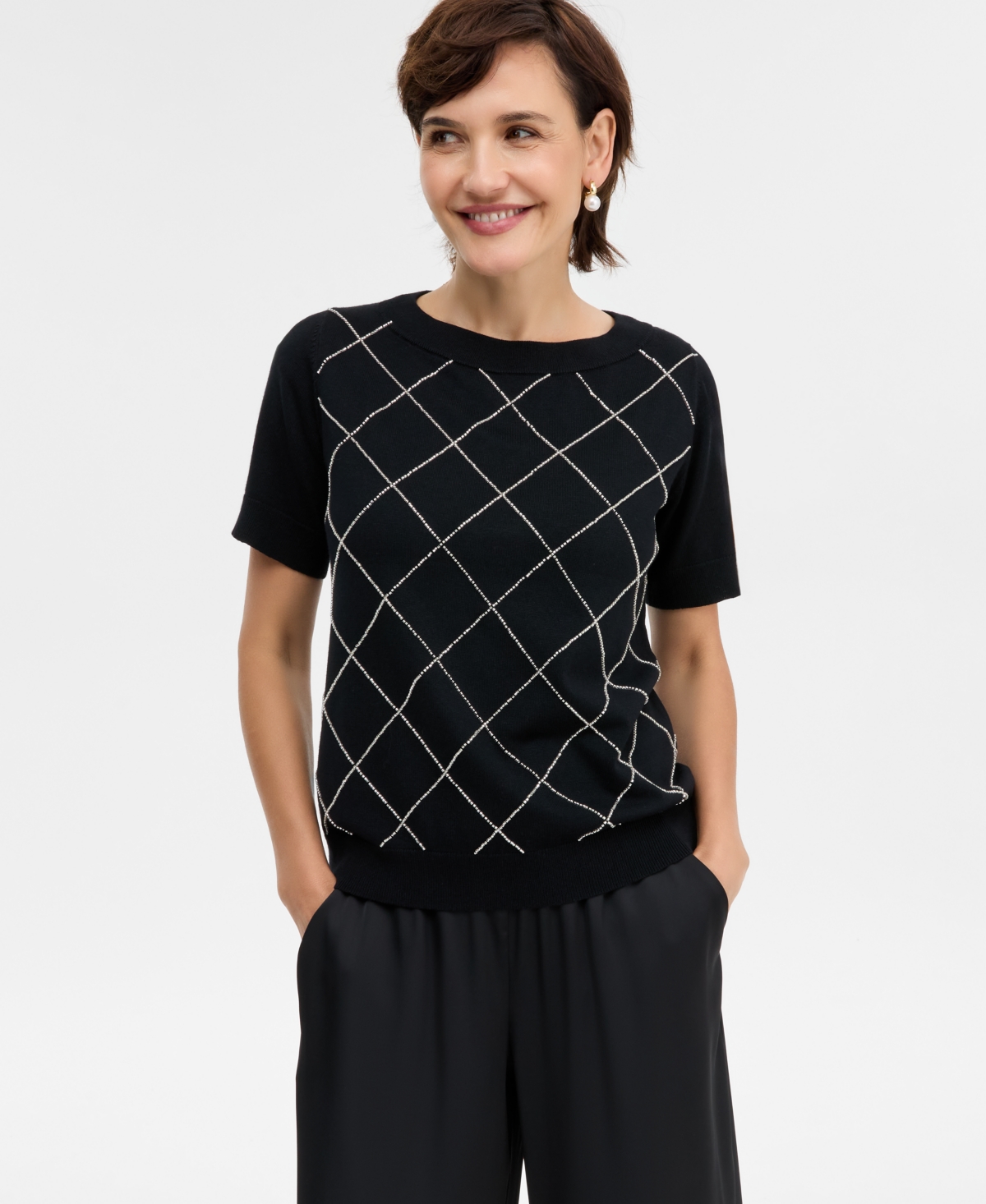 Jm Collection Petite Embellished Boat Neck Sweater, Macy's Exclusive In Black