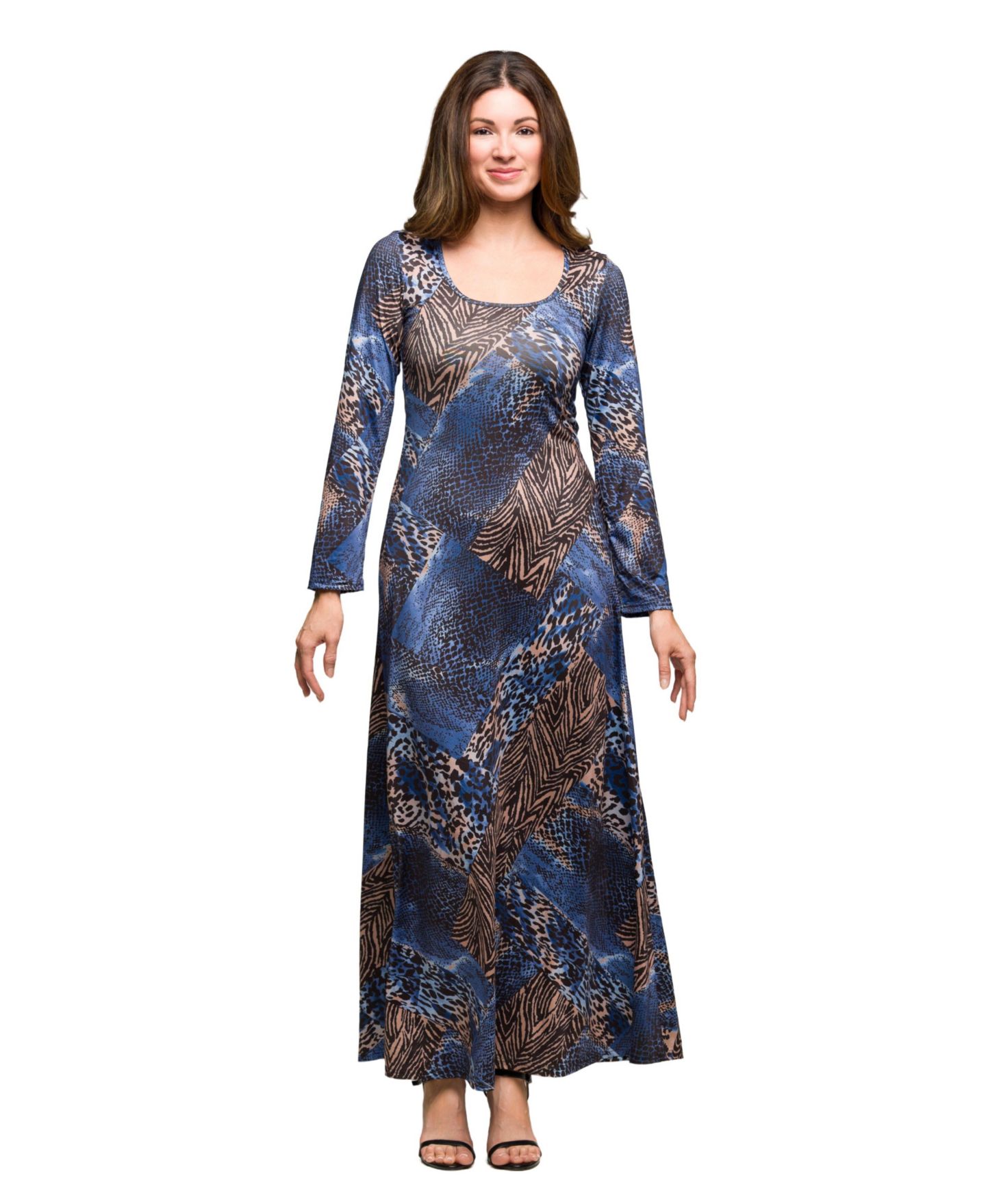 Женское платье 24seven Comfort Apparel Blue Animal Print Long Sleeve Scoop Neck Maxi, цвет: Синий разноцветный — фото 1