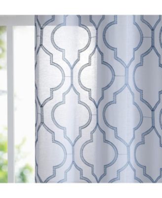 2 Piece Charlotte Clover Trellis Grommet Top Sheer Voile Window Curtain Panels - 38 in. W x 96 in. L, Blue