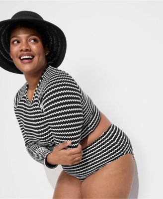 Plus Size Crochet Long Sleeve Bikini Top and High Waisted Bottoms Swimsuit Set