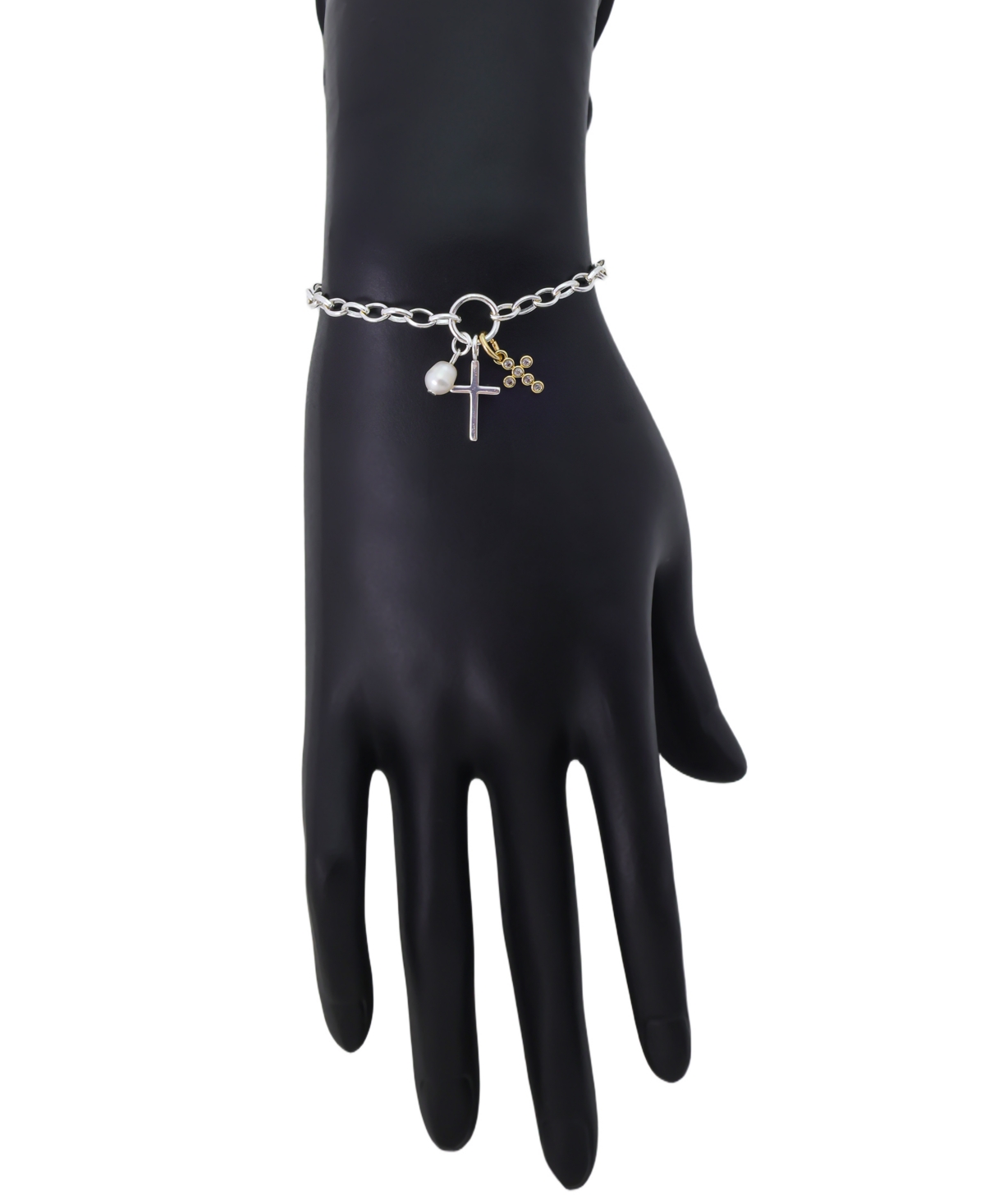 Unwritten Cubic Zirconia And Cultivated Pearl Faith Cluster Charm Bracelet In Yellow