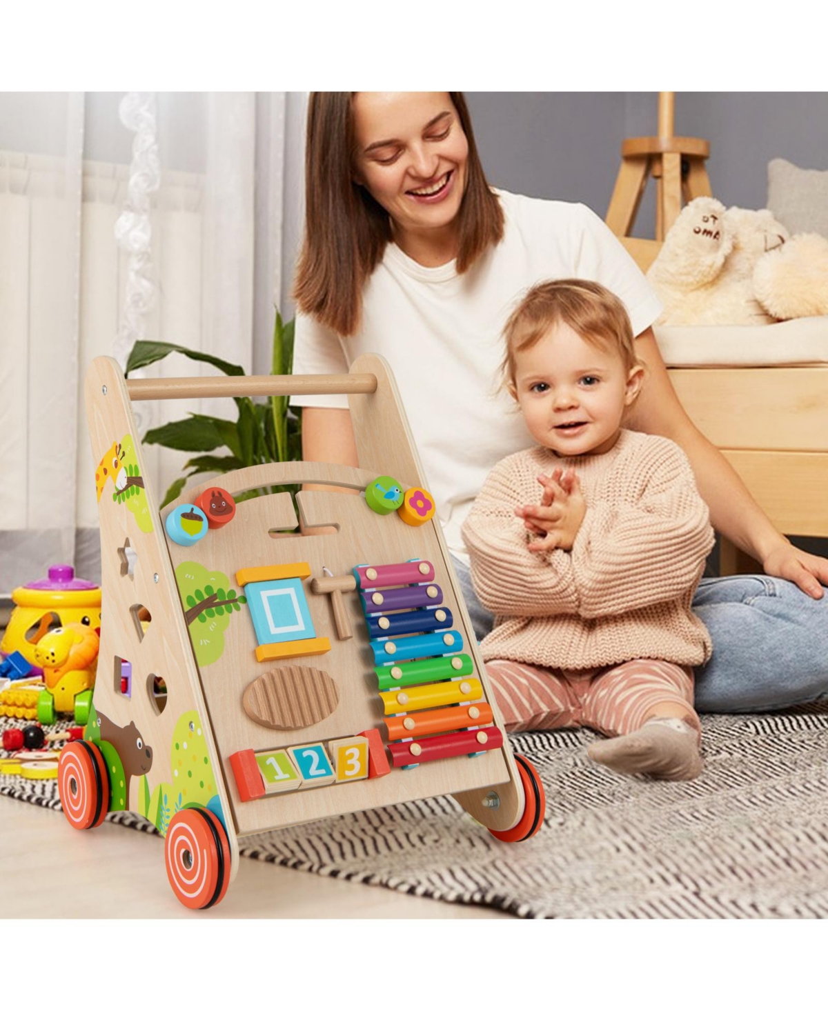 Gymax Wooden Baby Walker Baby Push Walker w/ Handle Storage & Wheels Walker Toy