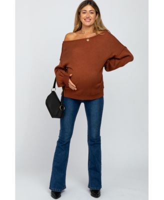 Maternity Camel Boat Neck Bubble Sleeve Sweater