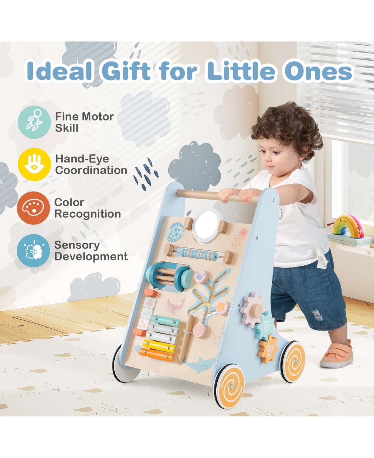 Gymax Wooden Baby Walker Sit to Stand Walker w/ Wheels Push & Pull Learning Activity Center