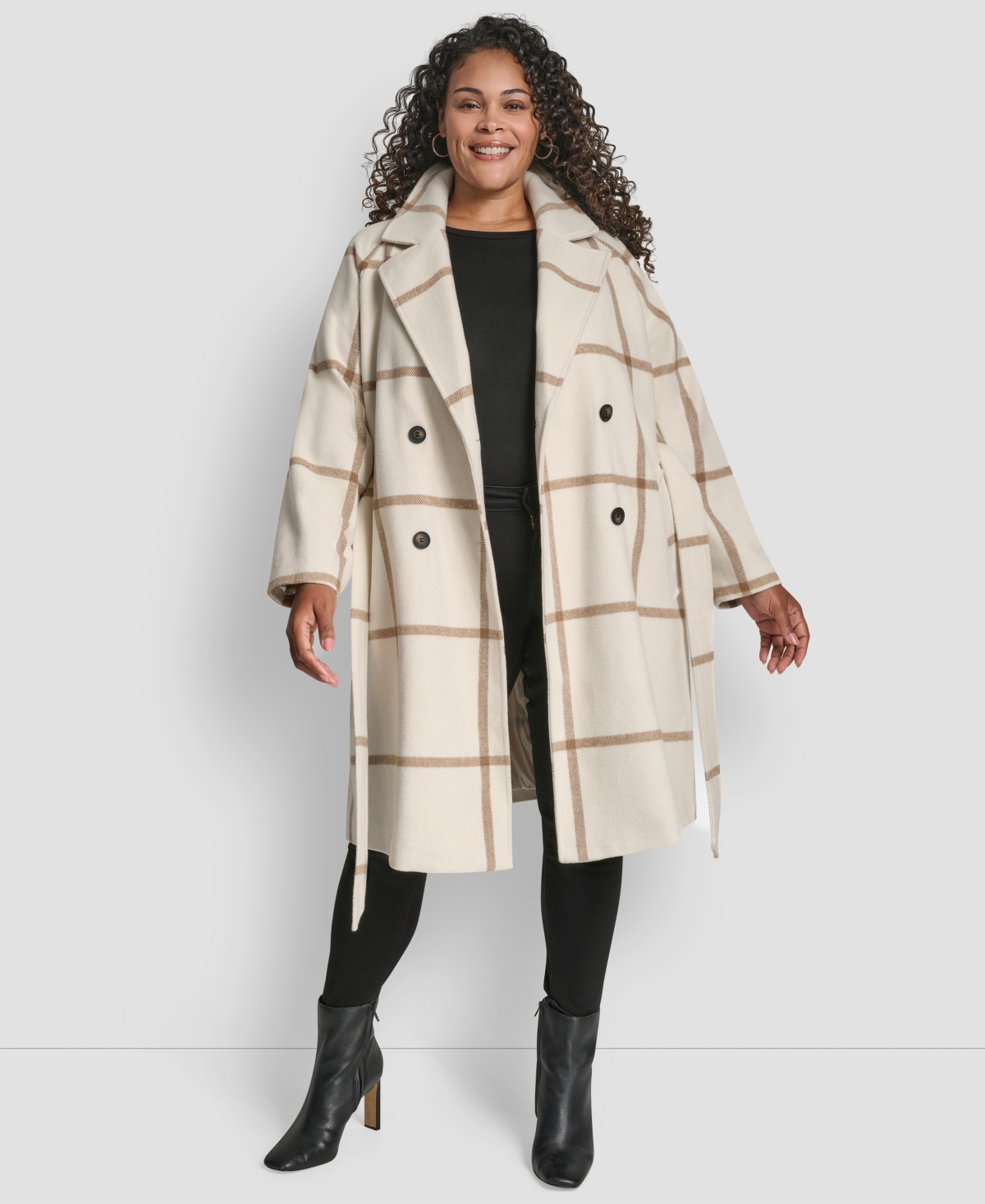 Dkny Plus Size Belted Notch Collar Coat In Neutral