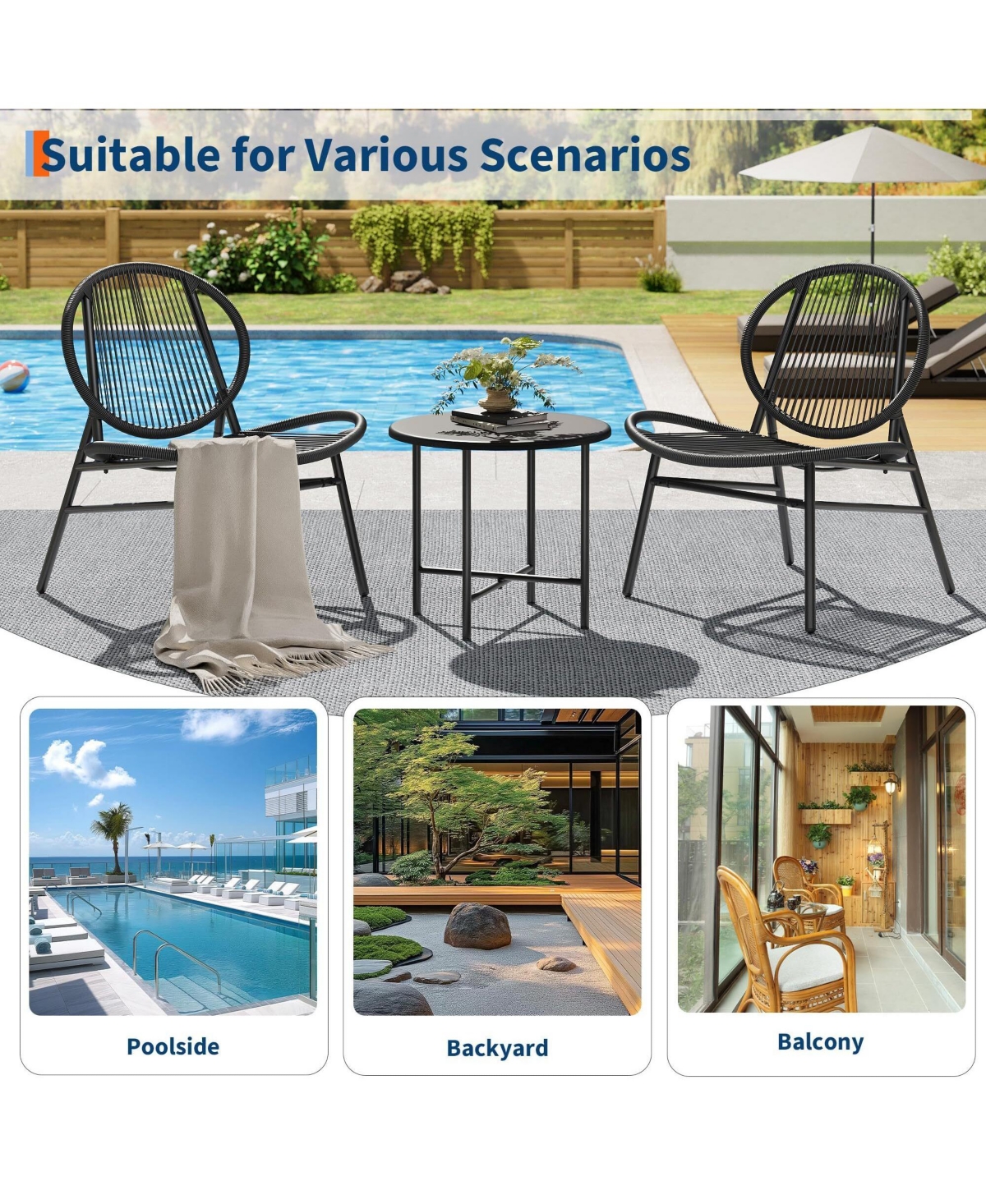 gaomon 3-Piece Outdoor Seating Acapulco Chair All Weather Small Patio Bistro Set of 2 Chairs and Side Table Modern Outdoor Furniture