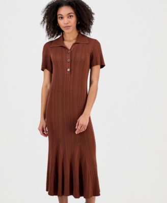 Women's Rib-Knit Short-Sleeve Midi Sweater Dress