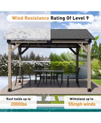 10 x 12 ft Wooden Frame Gazebo with Galvanized Metal Hardtop Roof, Outdoor Patio Gazebo with Charging Socket for Patio
